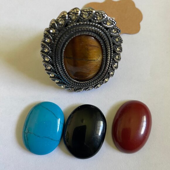 Exchangeable Gemstone Rocks Ring Stainless Steel W/Agate, Turquoise & Tiger Eye - Picture 6 of 8